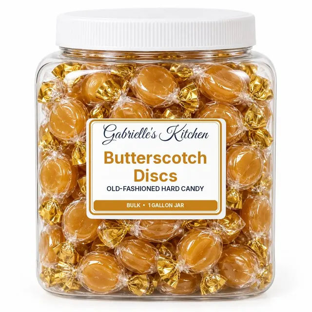 Clear gallon jar of Butterscotch Discs