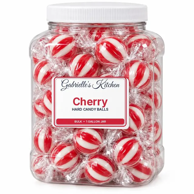 Clear gallon jar of Cherry Hard Candy Balls