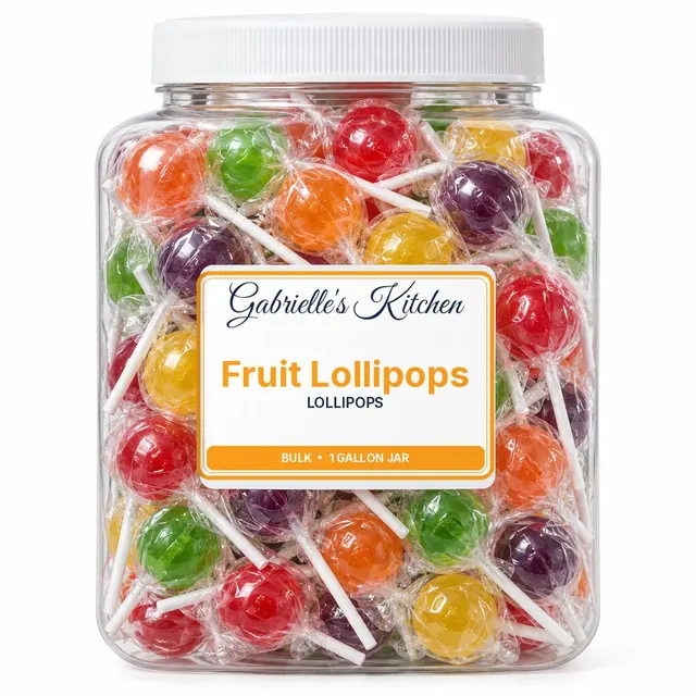 Clear gallon jar of Fruit Lollipops