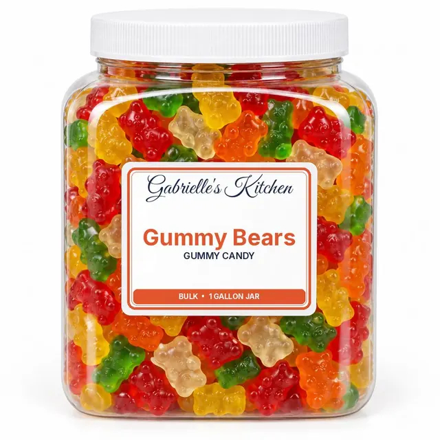 Clear gallon jar of Gummy Bears