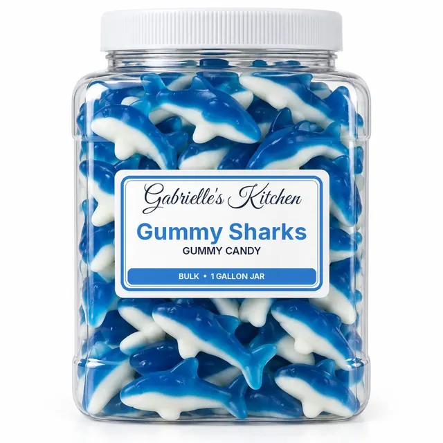 Clear gallon jar of Gummy Sharks