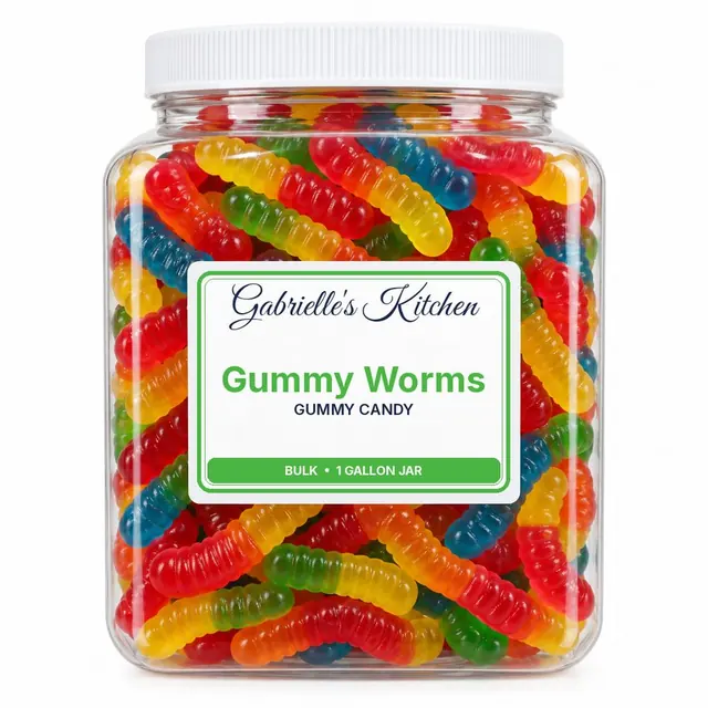 Clear gallon jar of Gummy Worms