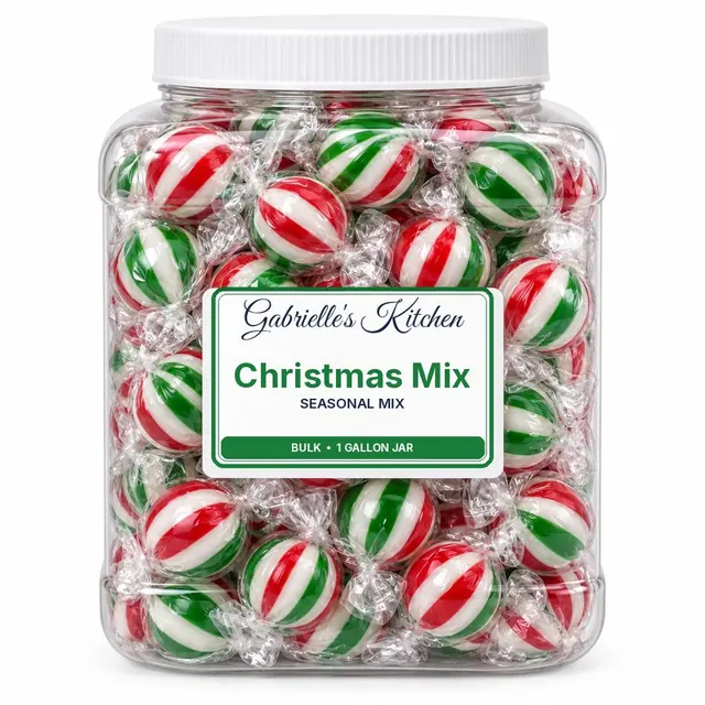 Clear gallon jar of Christmas Mix