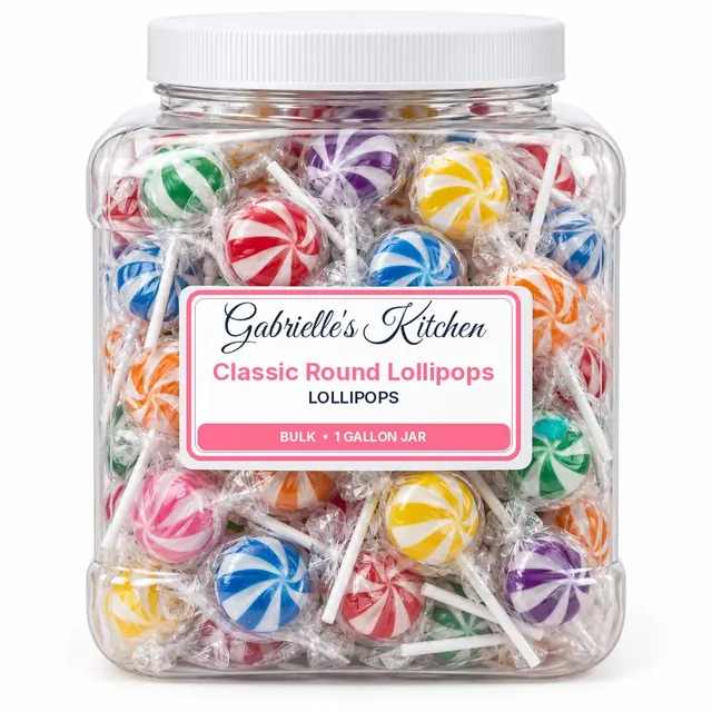 Clear gallon jar of Classic Round Lollipops