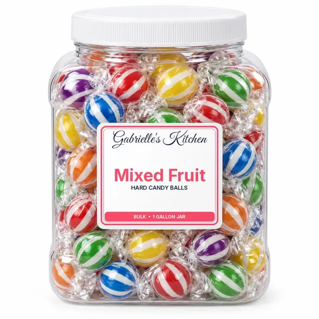 Clear gallon jar of Mixed Fruit Hard Candy Balls