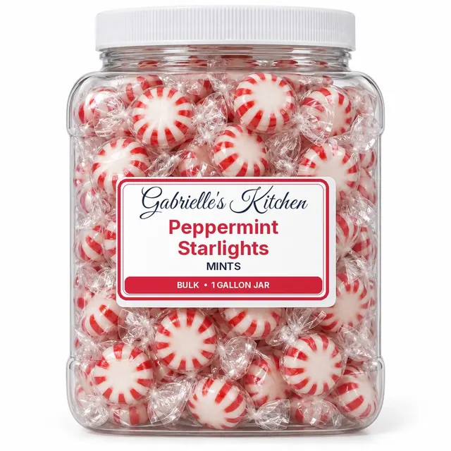 Clear gallon jar of Peppermint Starlights