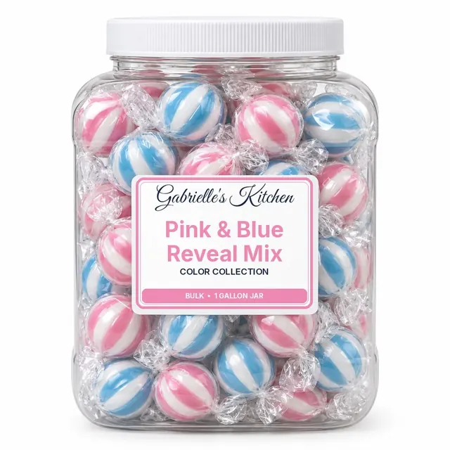 Clear gallon jar of Pink & Blue Reveal Mix