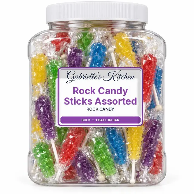 Clear gallon jar of Rock Candy Sticks Assorted