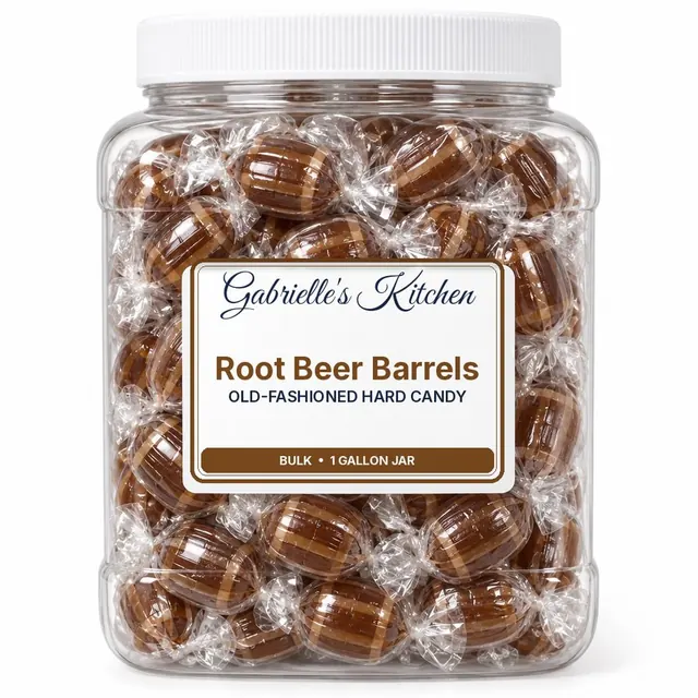Clear gallon jar of Root Beer Barrels
