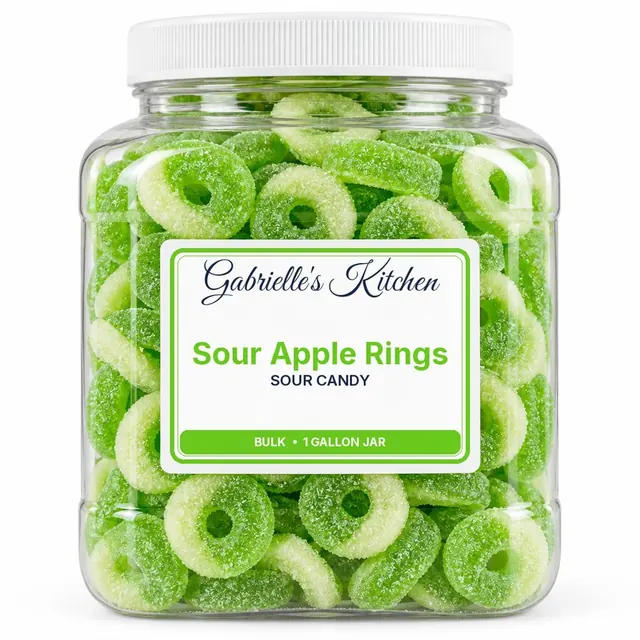 Clear gallon jar of Sour Apple Rings