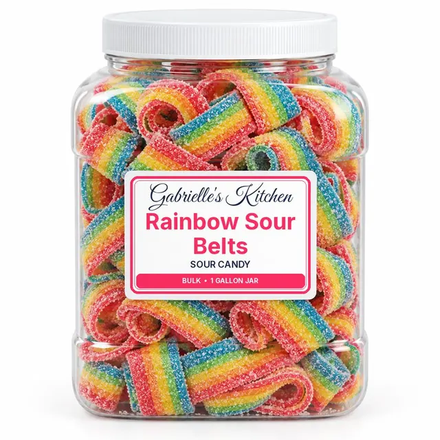 Clear gallon jar of Rainbow Sour Belts