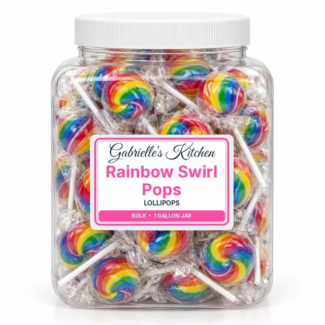 Clear gallon jar of Rainbow Swirl Pops