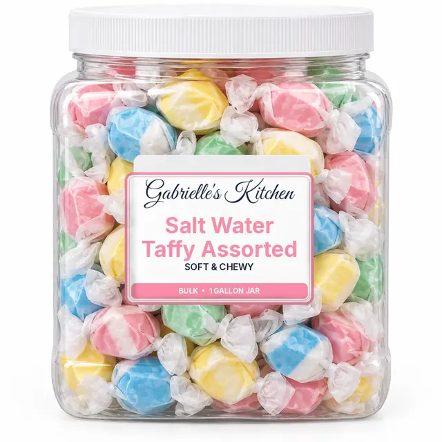 Clear gallon jar of Salt Water Taffy Assorted