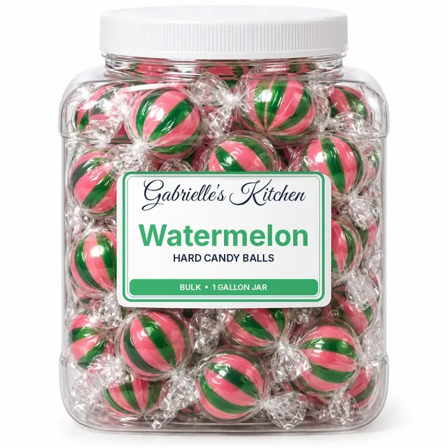 Clear gallon jar of Watermelon Hard Candy Balls